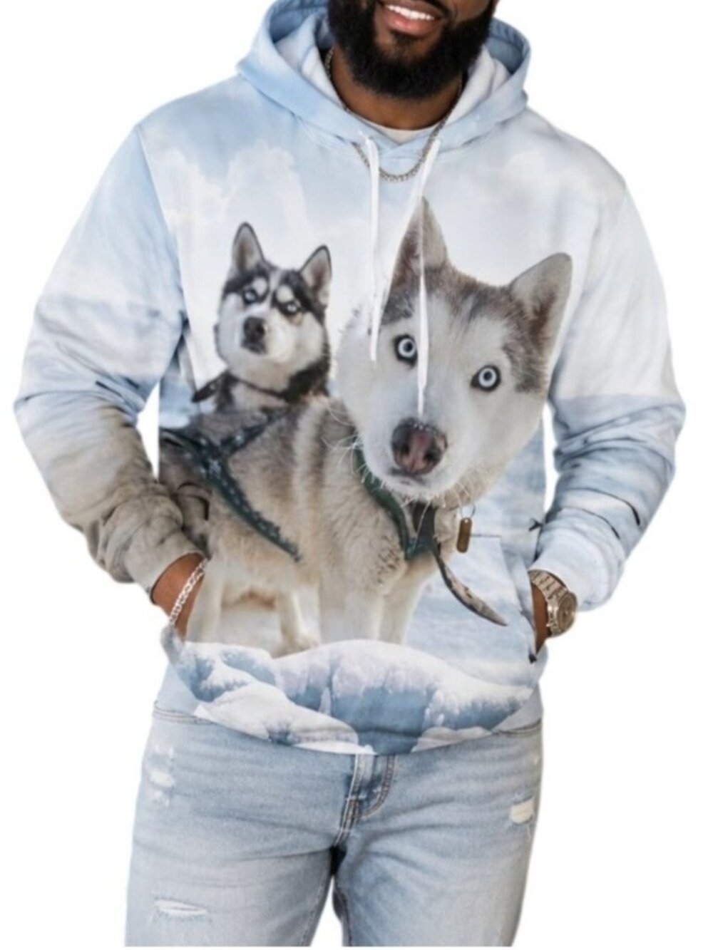 Srcnhim Size Large Hoodie Novelty Siberian Husky 3D Animal Pullover Sweatshirt W